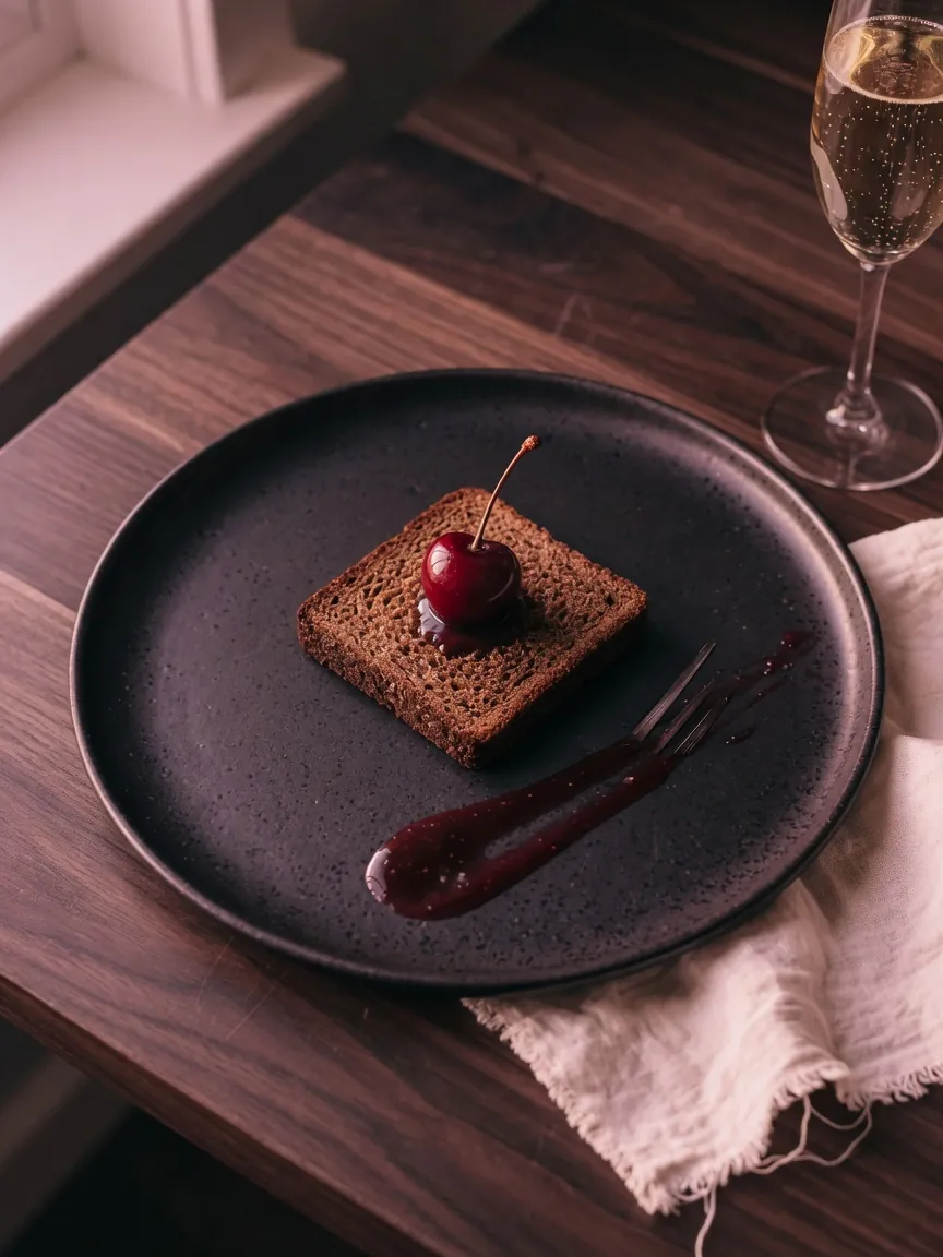 Rye toast, a pickled cherry and a flute of champagne on dark stoneware