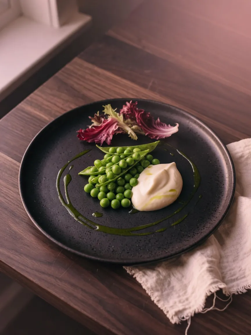 Late peas, cultured cream and mint oil on a dark plate